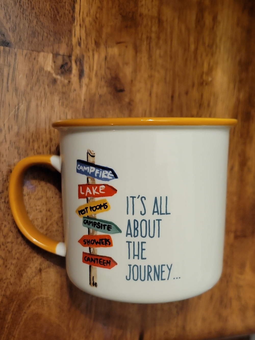 Happy Camper Mug - White with Yellow Rim and Handle